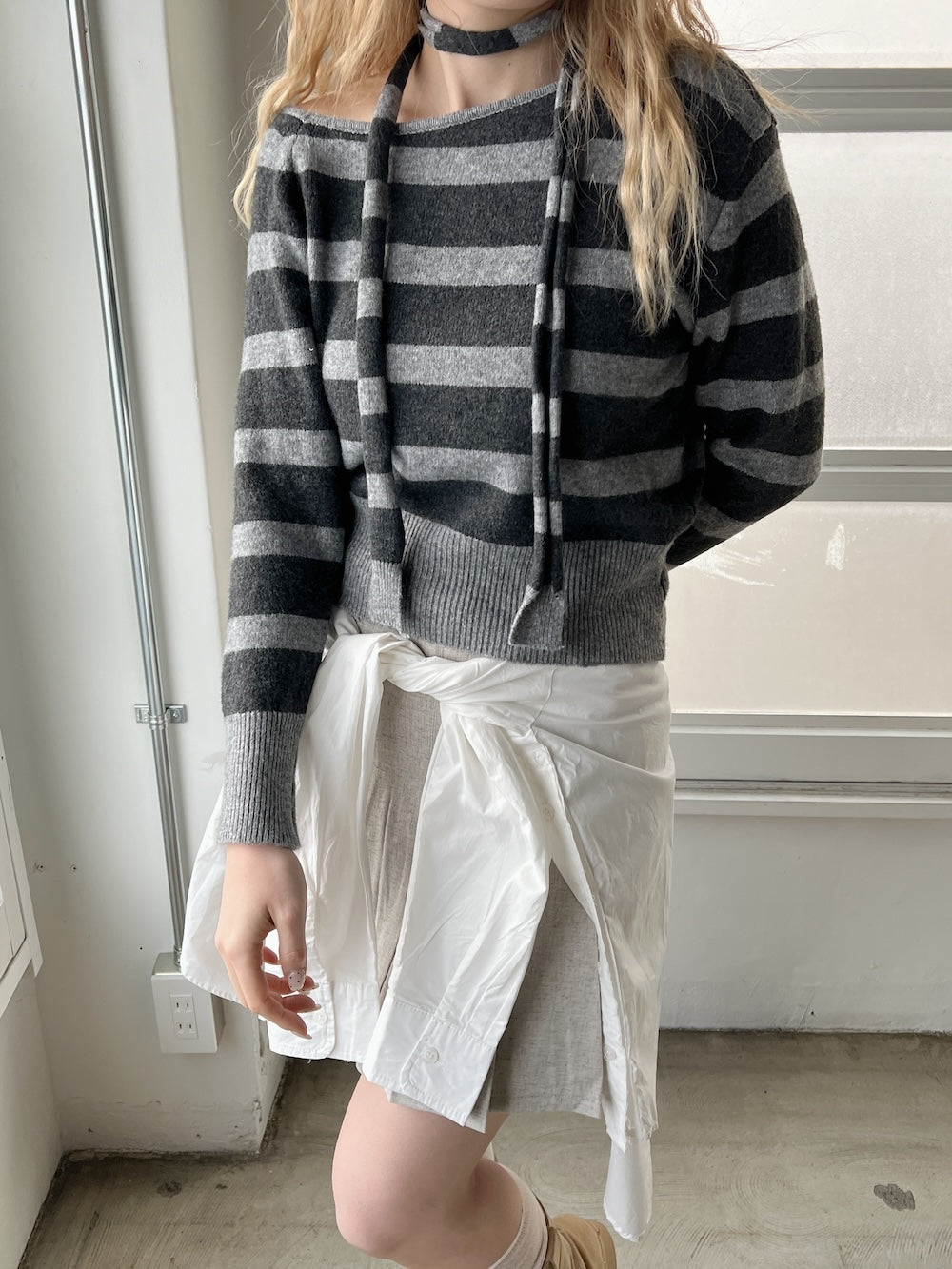 <SL2244616> ボーダーワンショルダーニット