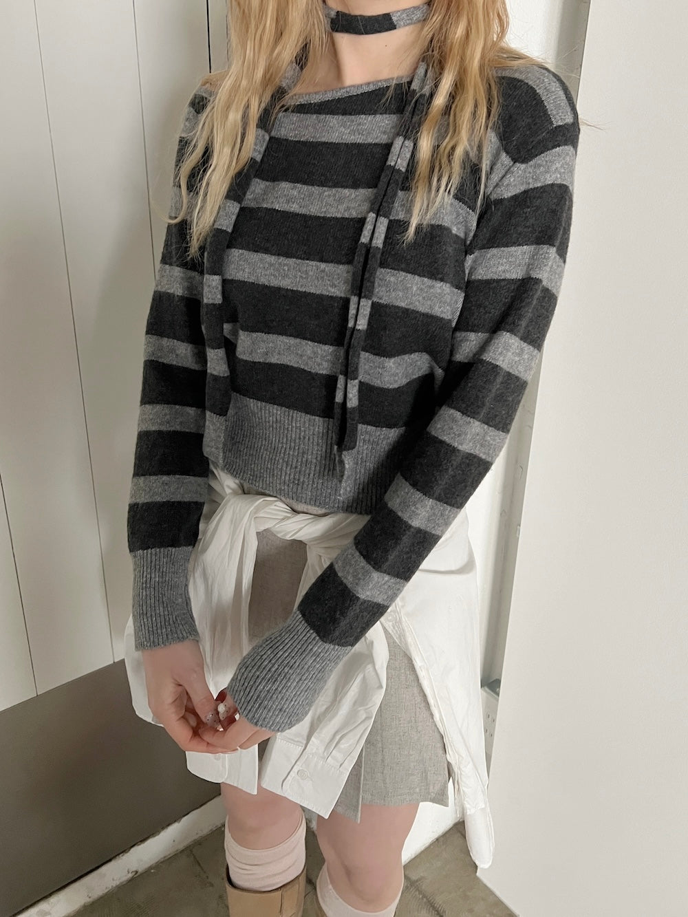 <SL2244616> ボーダーワンショルダーニット