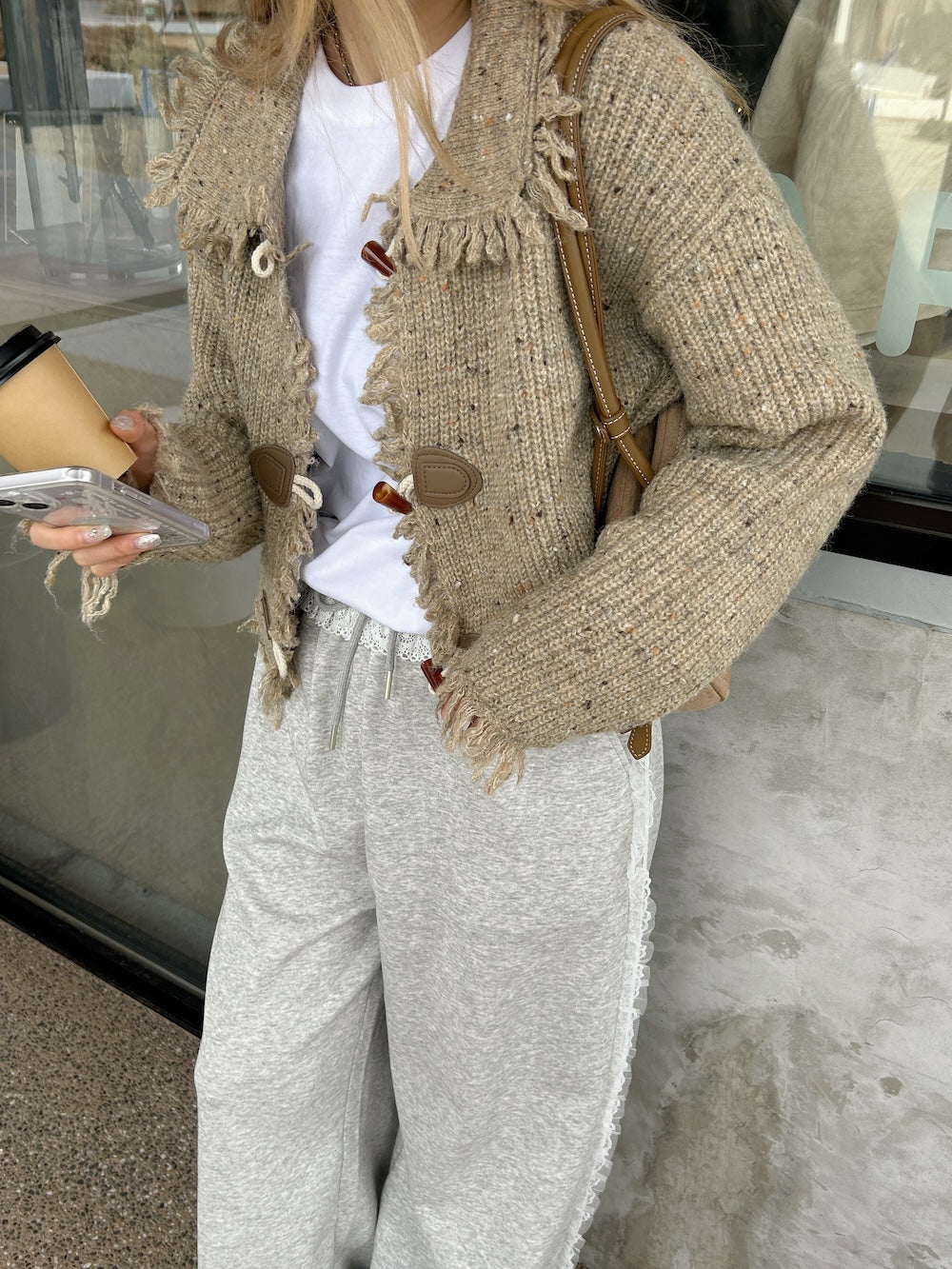 <SL2244660> フリンジ襟付きマーブルニットカーディガン