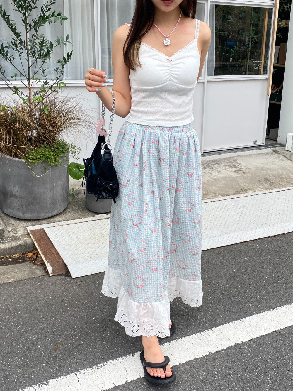 <SL2242651> フラワーデザインチェックスカート