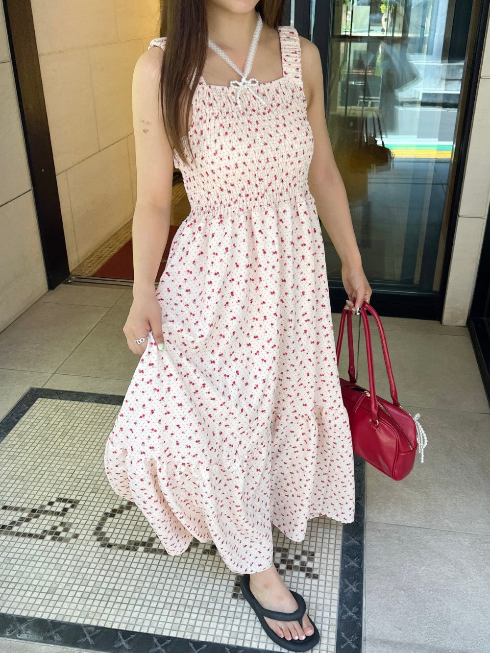 <SL2242658> 小花柄シャーリングロングワンピース