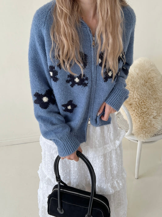 <SL2243678> flower zip knit cardigan