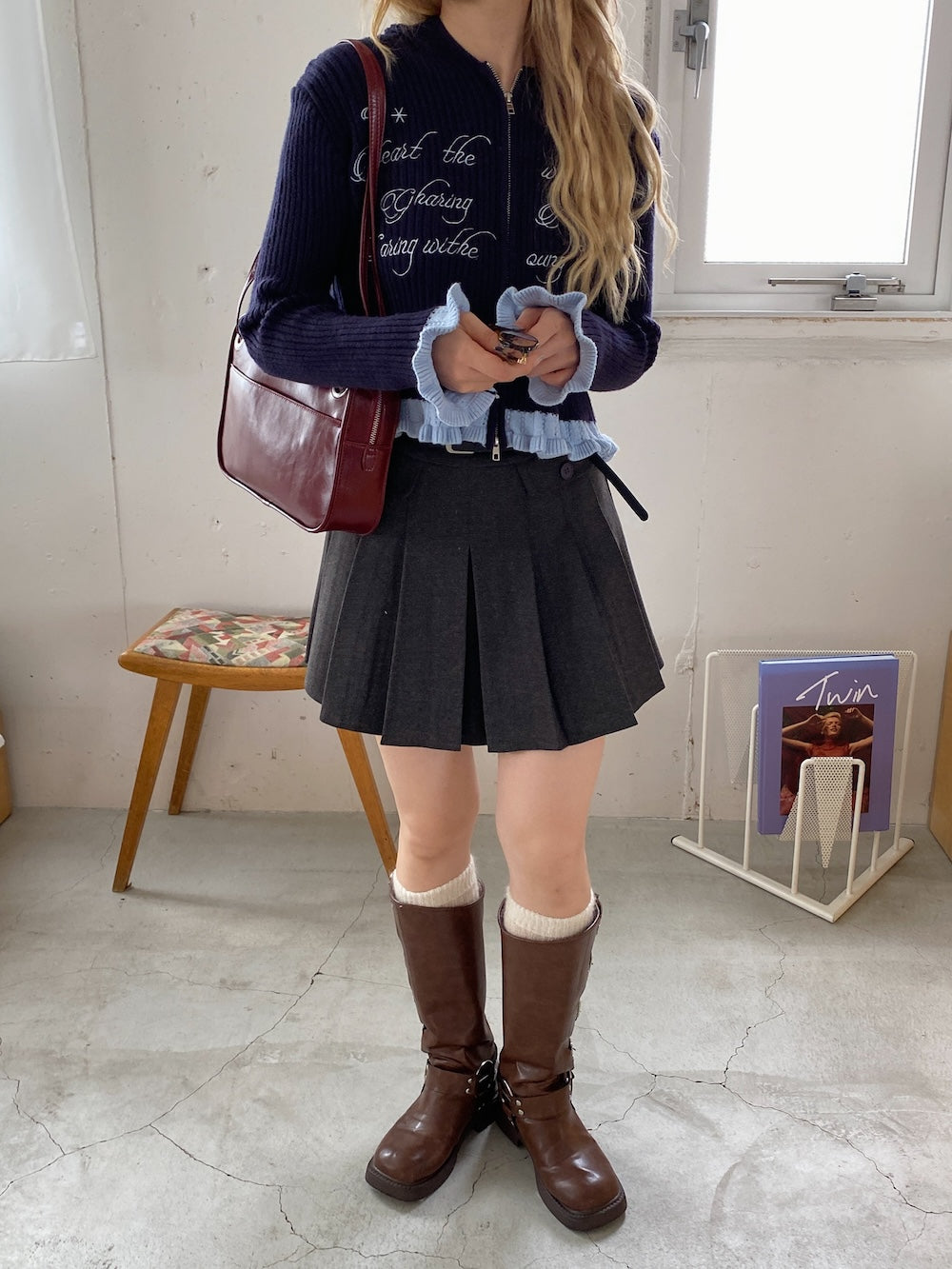 <SL2244635> フリルヘムレディライクフーディーカーディガン