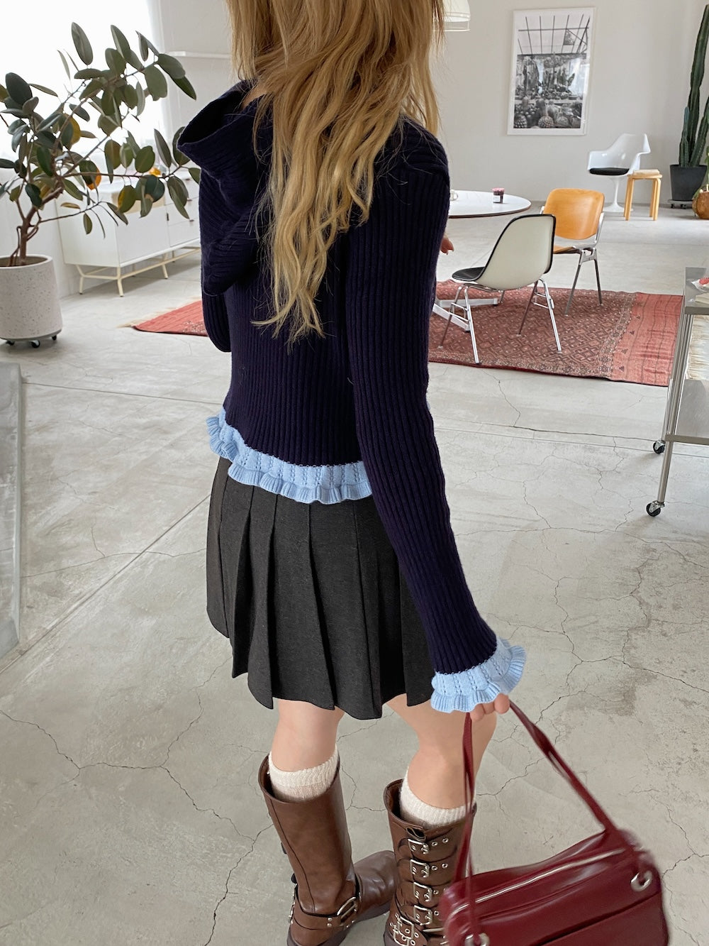 <SL2244635> フリルヘムレディライクフーディーカーディガン
