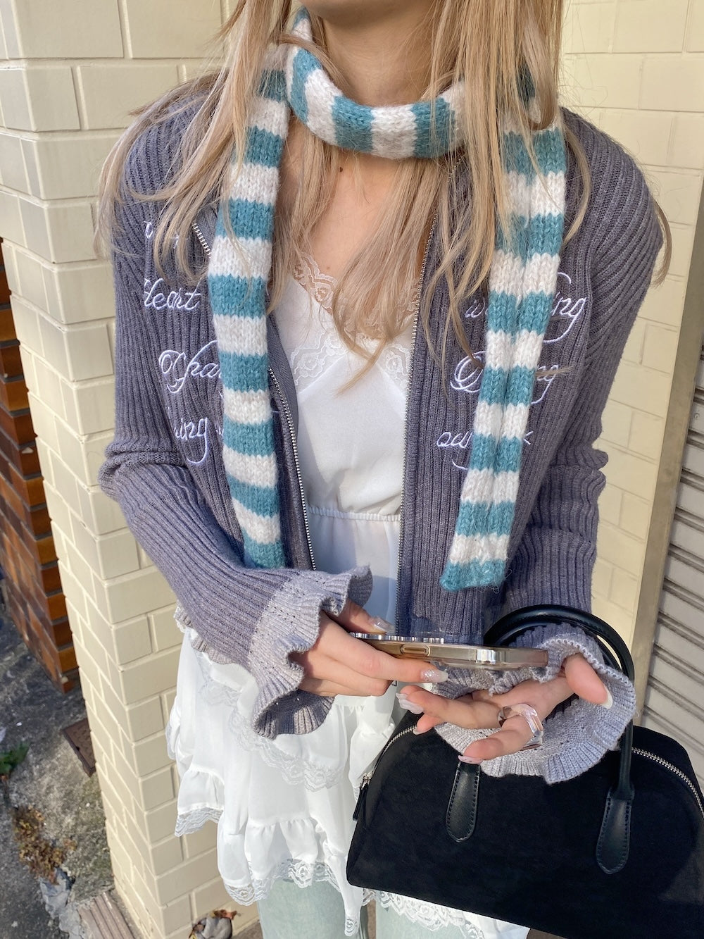 <SL2244635> フリルヘムレディライクフーディーカーディガン