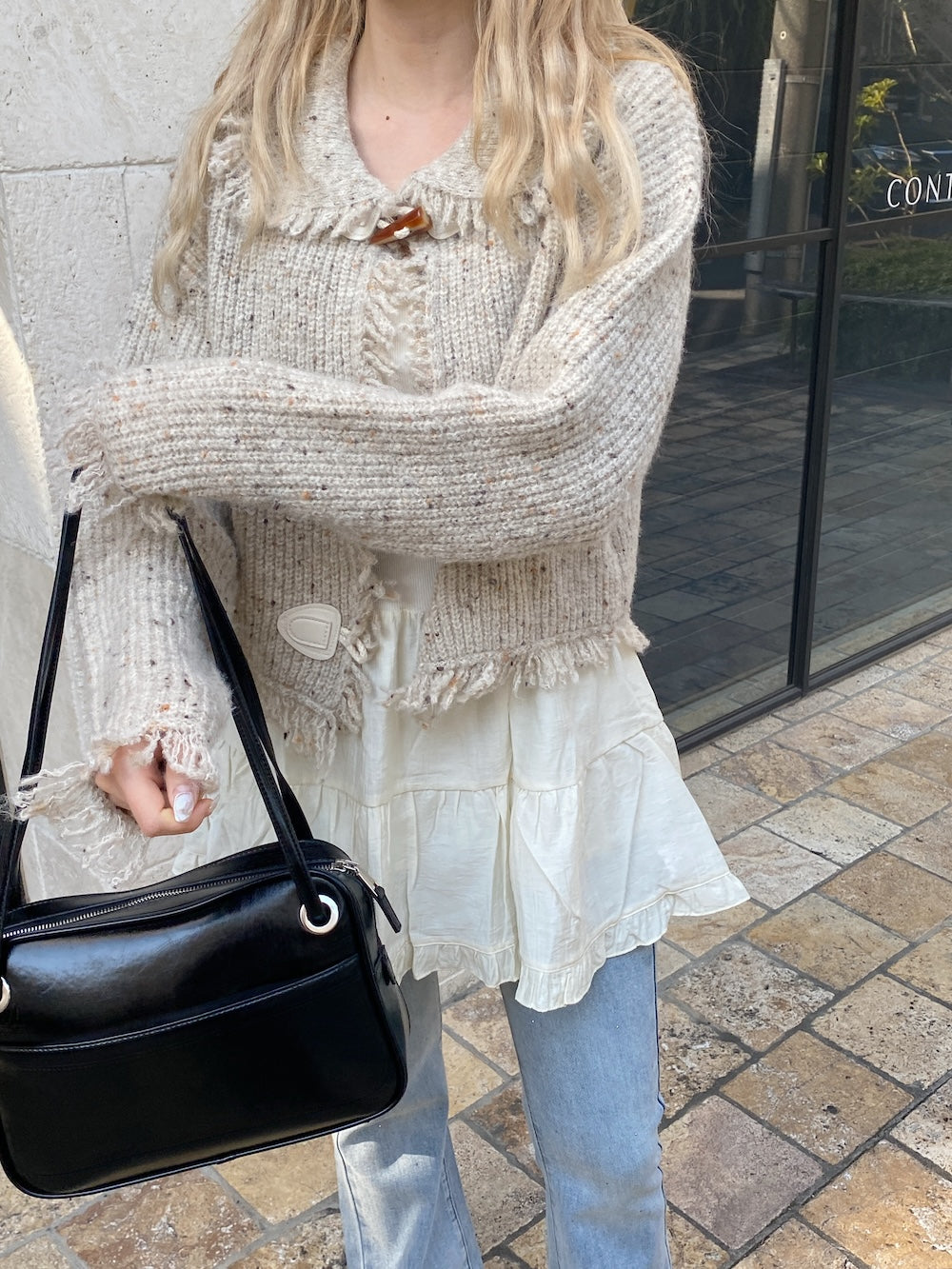 <SL2244660> フリンジ襟付きマーブルニットカーディガン
