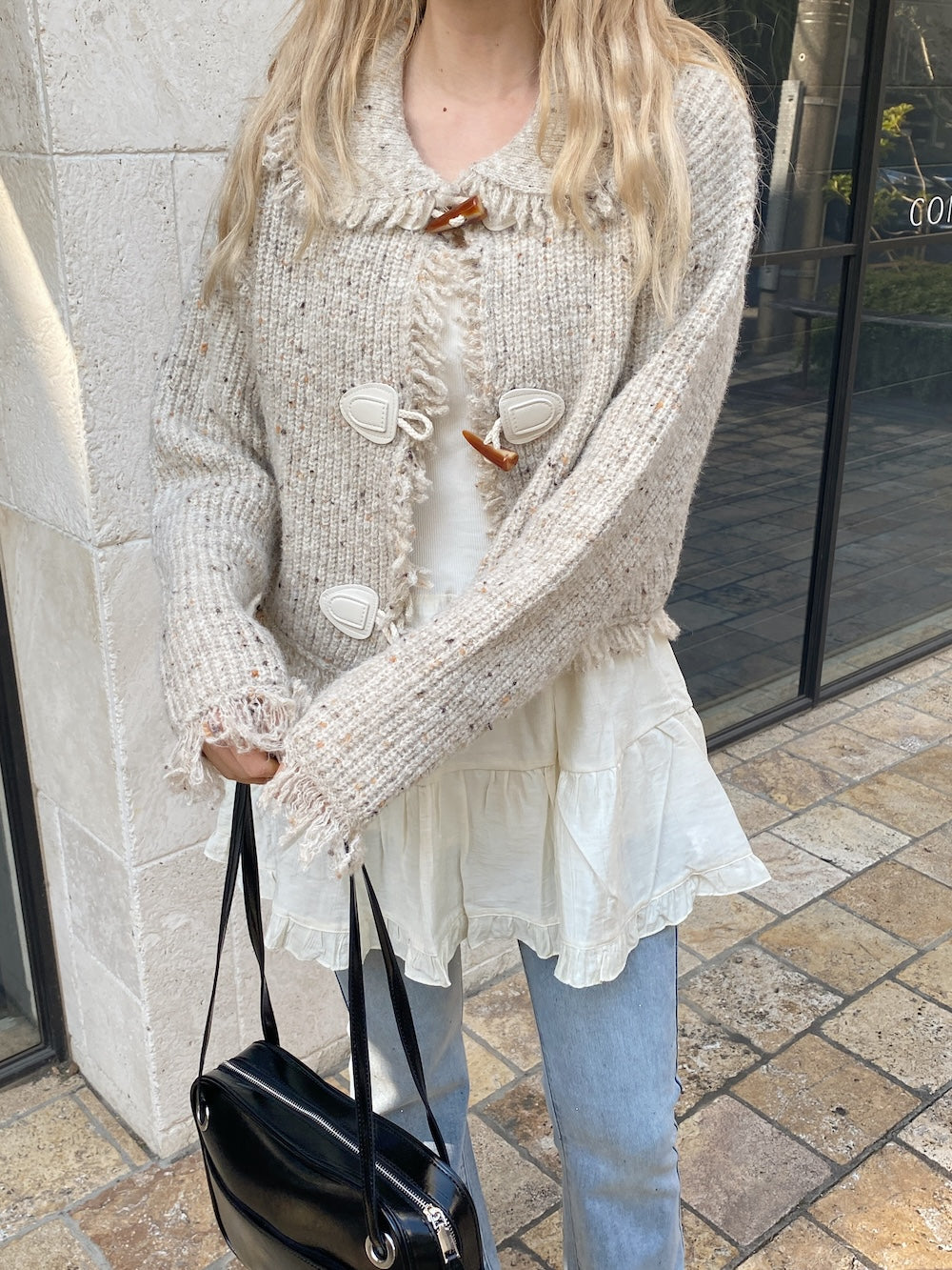 <SL2244660> フリンジ襟付きマーブルニットカーディガン