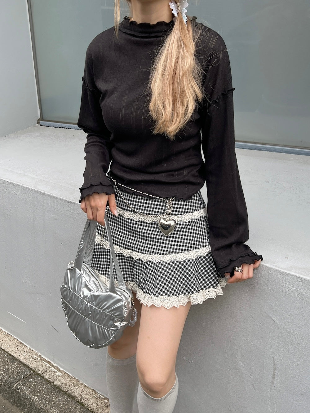 <SL2243633> check lace mini skirt