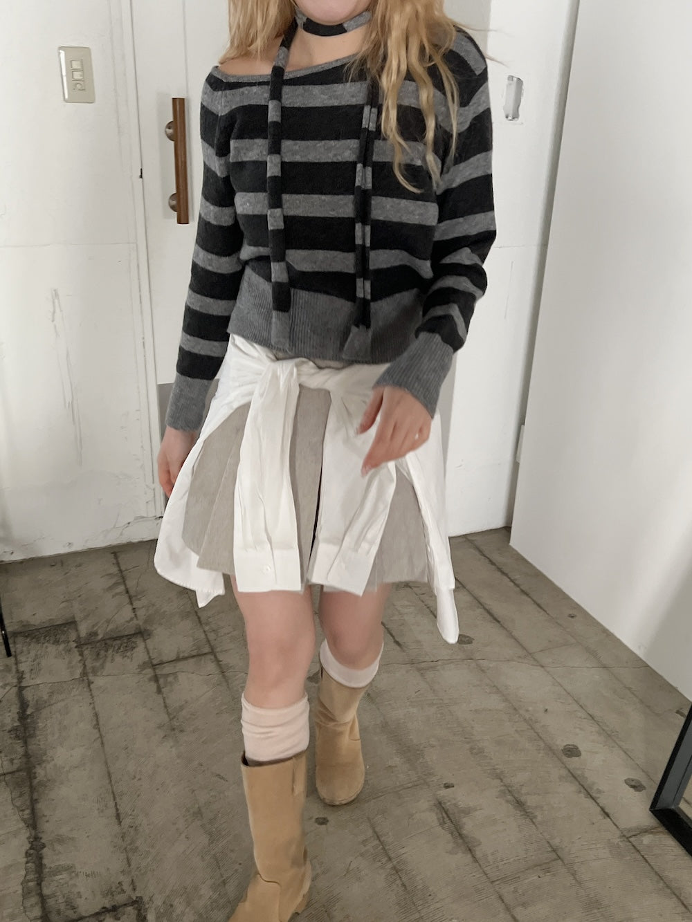 <SL2244616> ボーダーワンショルダーニット