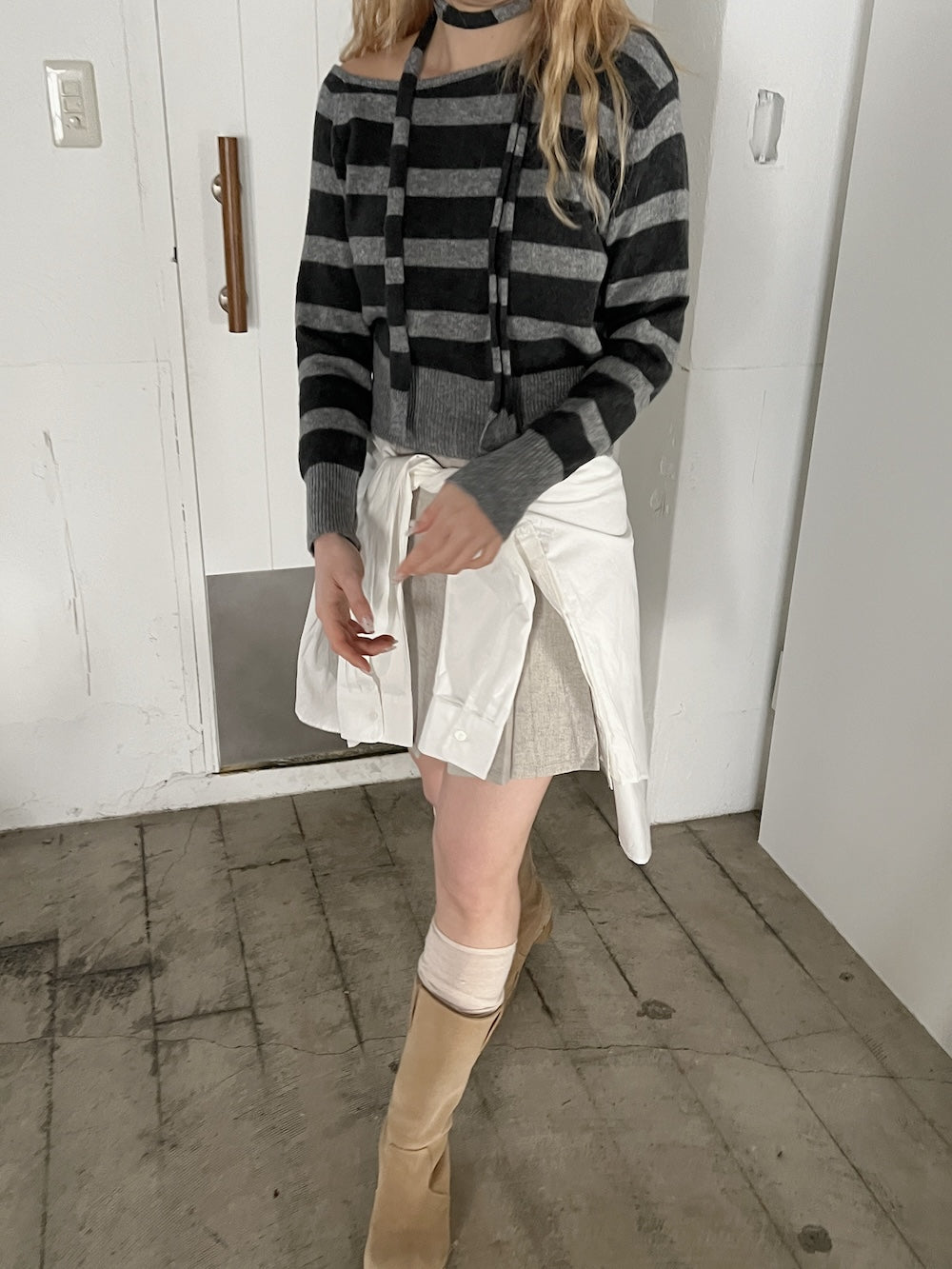 <SL2244616> ボーダーワンショルダーニット