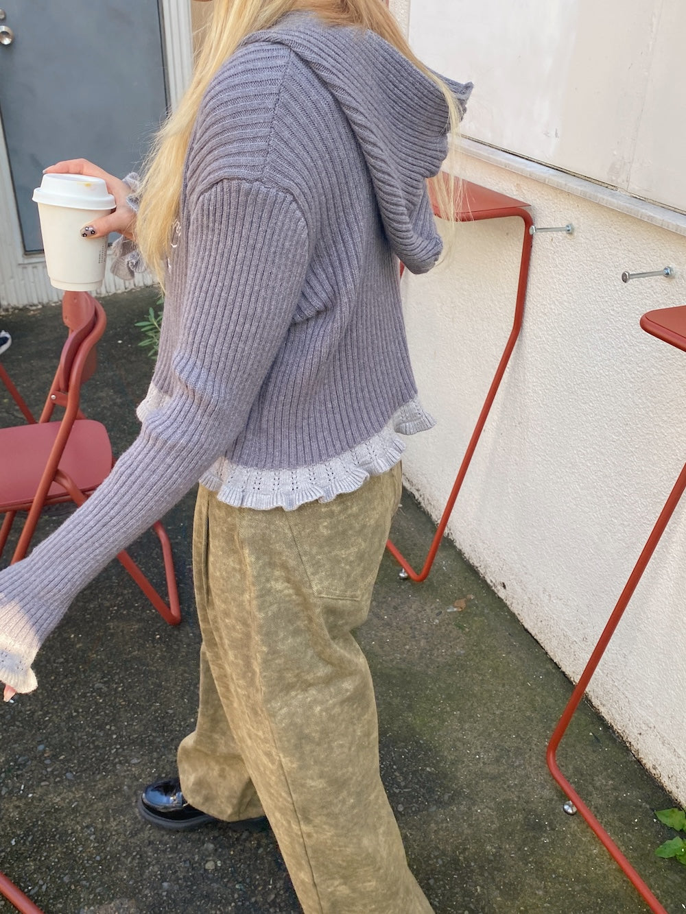 <SL2244635> フリルヘムレディライクフーディーカーディガン