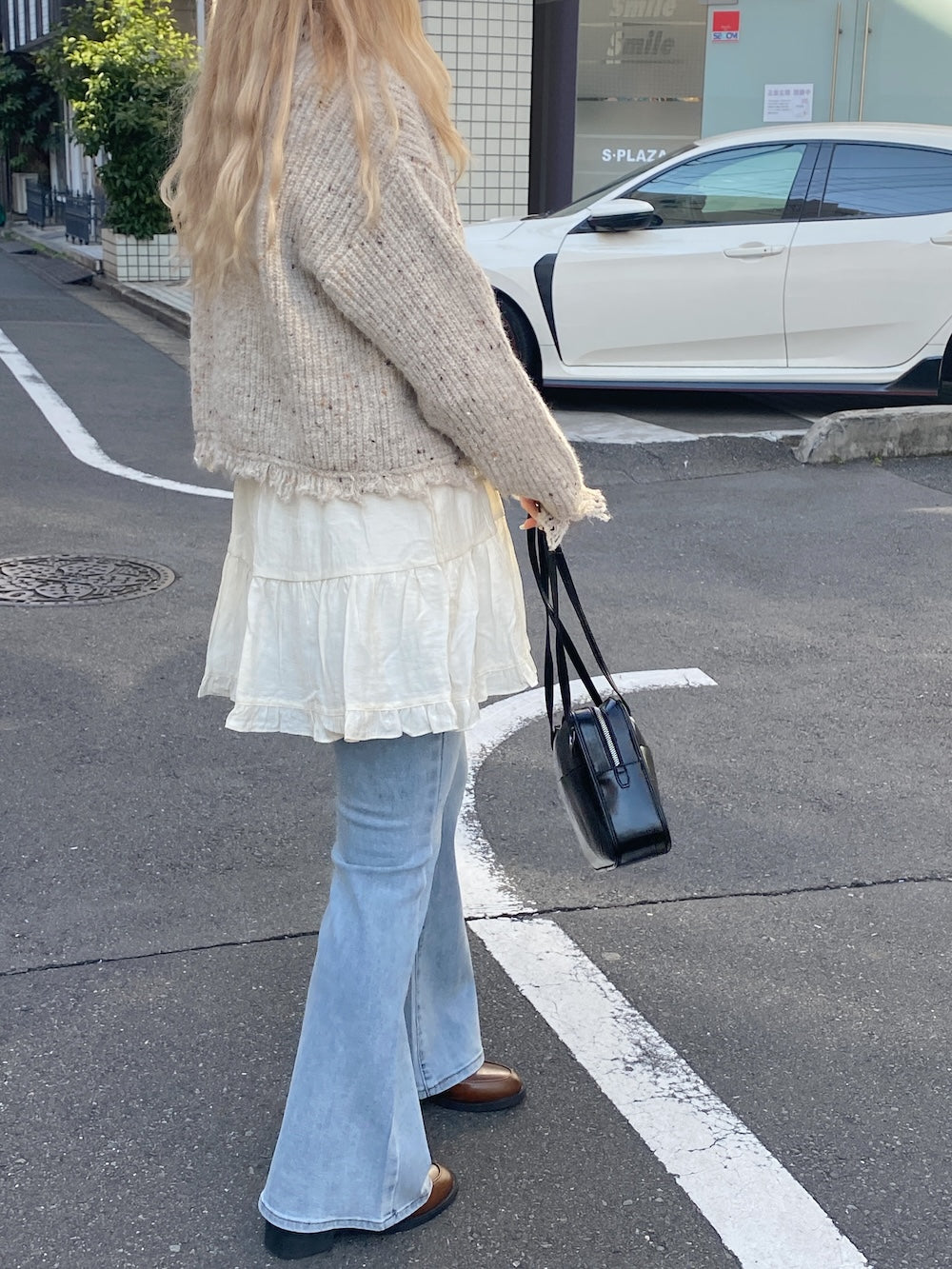 <SL2244660> フリンジ襟付きマーブルニットカーディガン