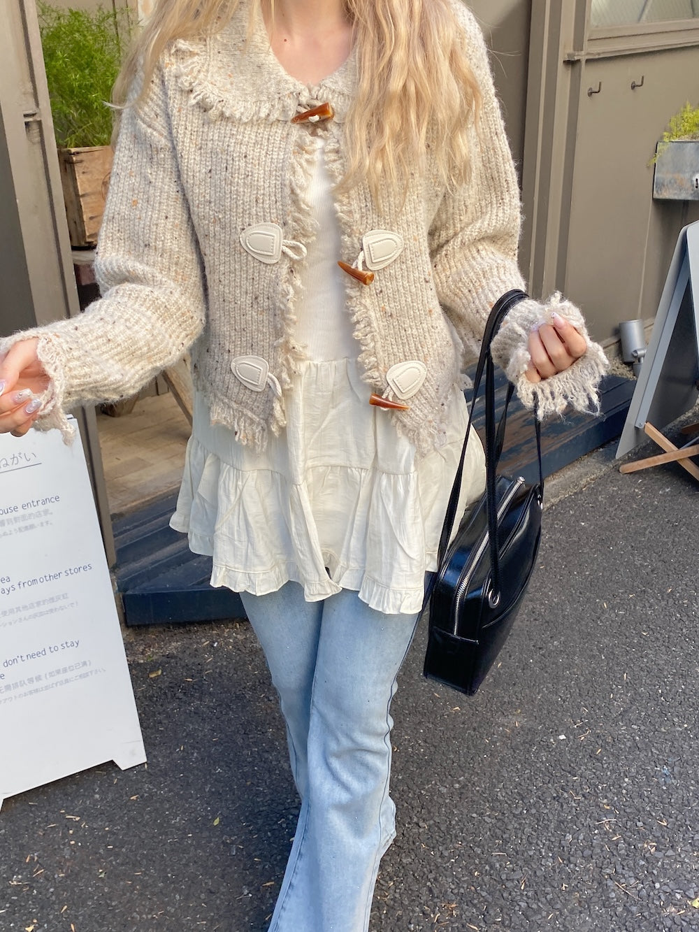 <SL2244660> フリンジ襟付きマーブルニットカーディガン