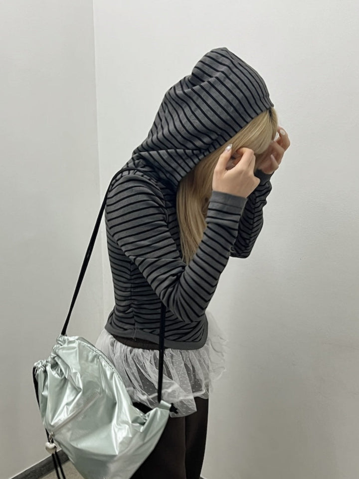 <SL2244625> 細ボーダーフーディートップス
