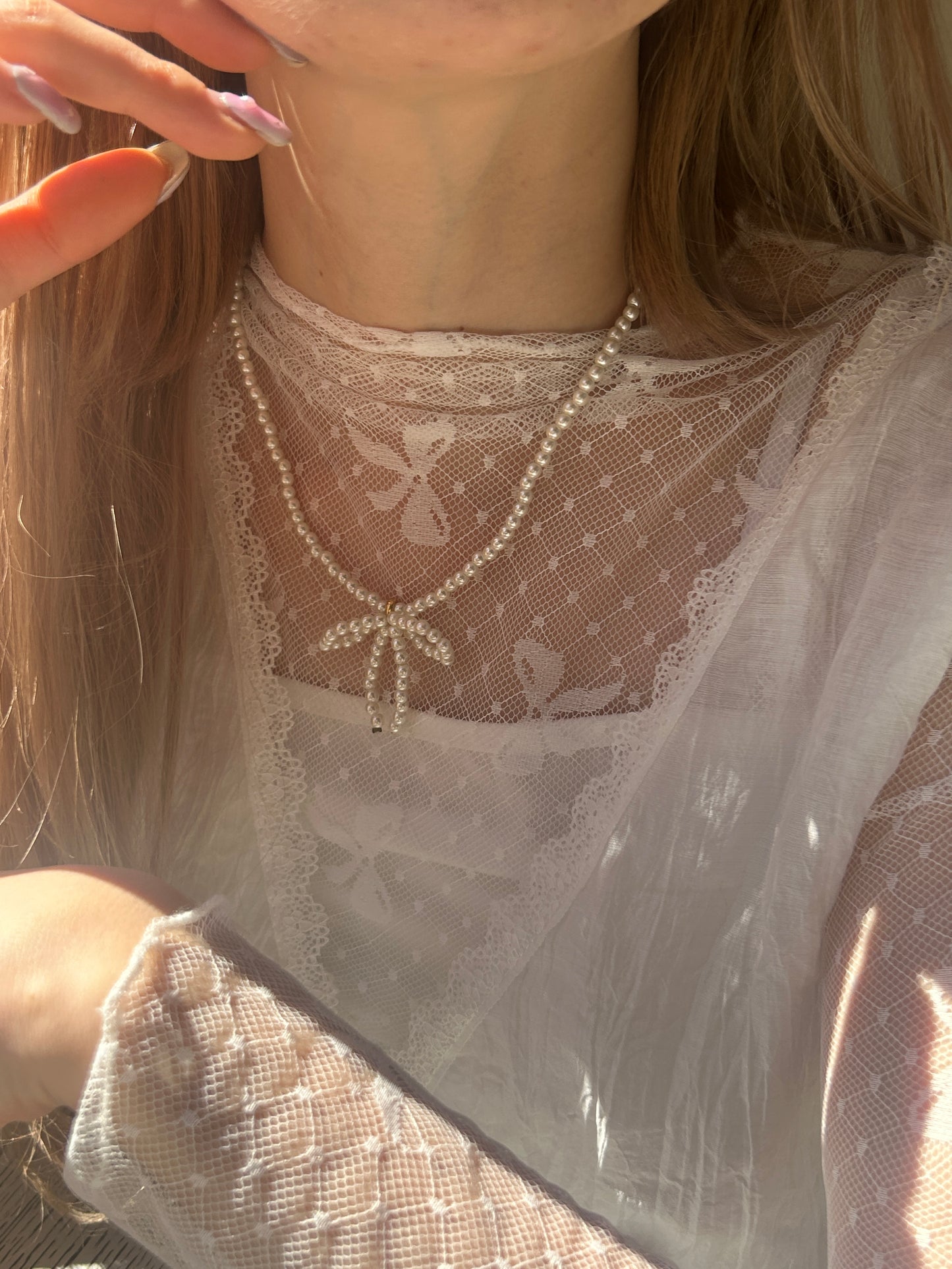 <SL4231611> pearl ribbon necklace