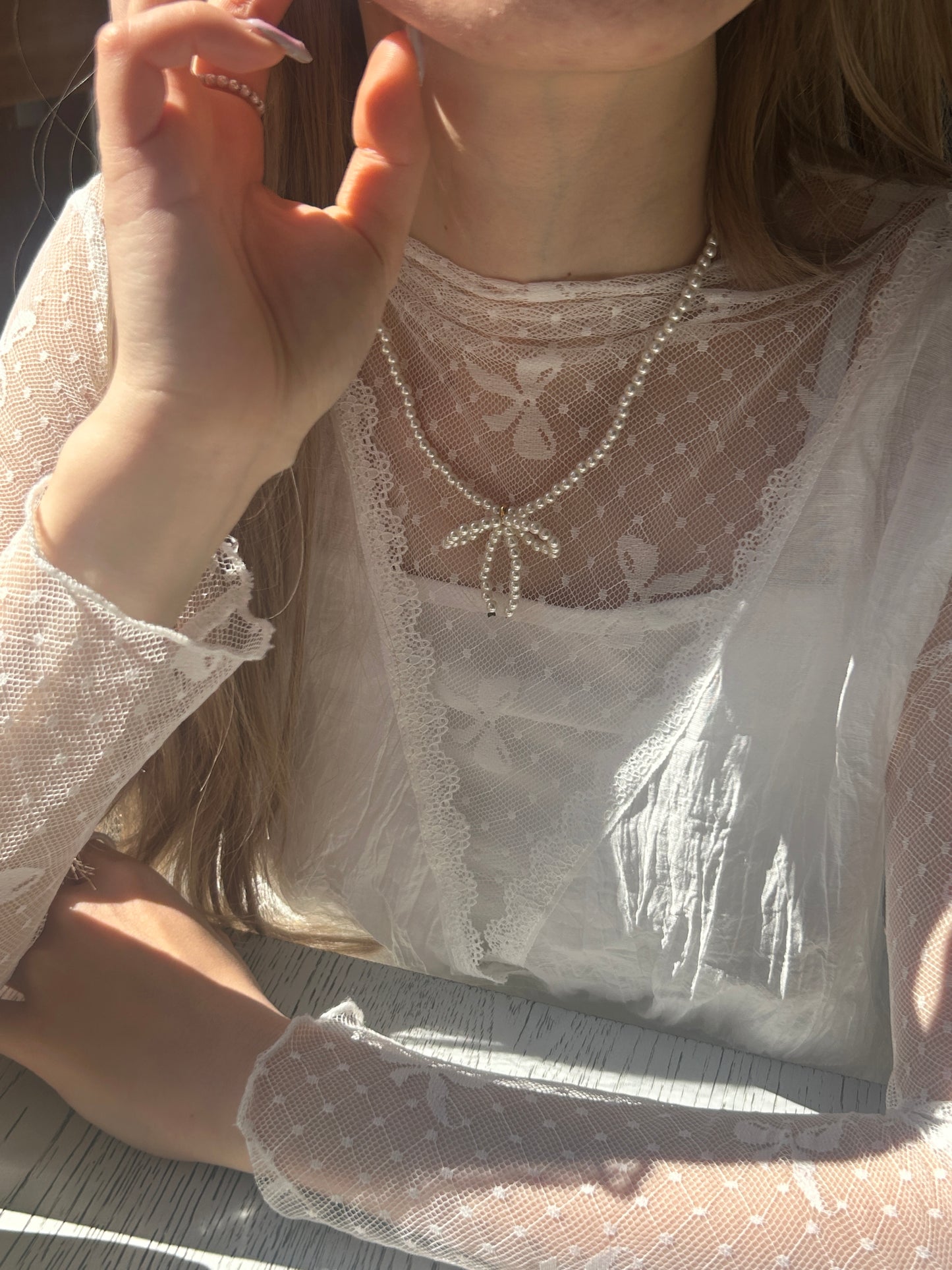 <SL4231611> pearl ribbon necklace