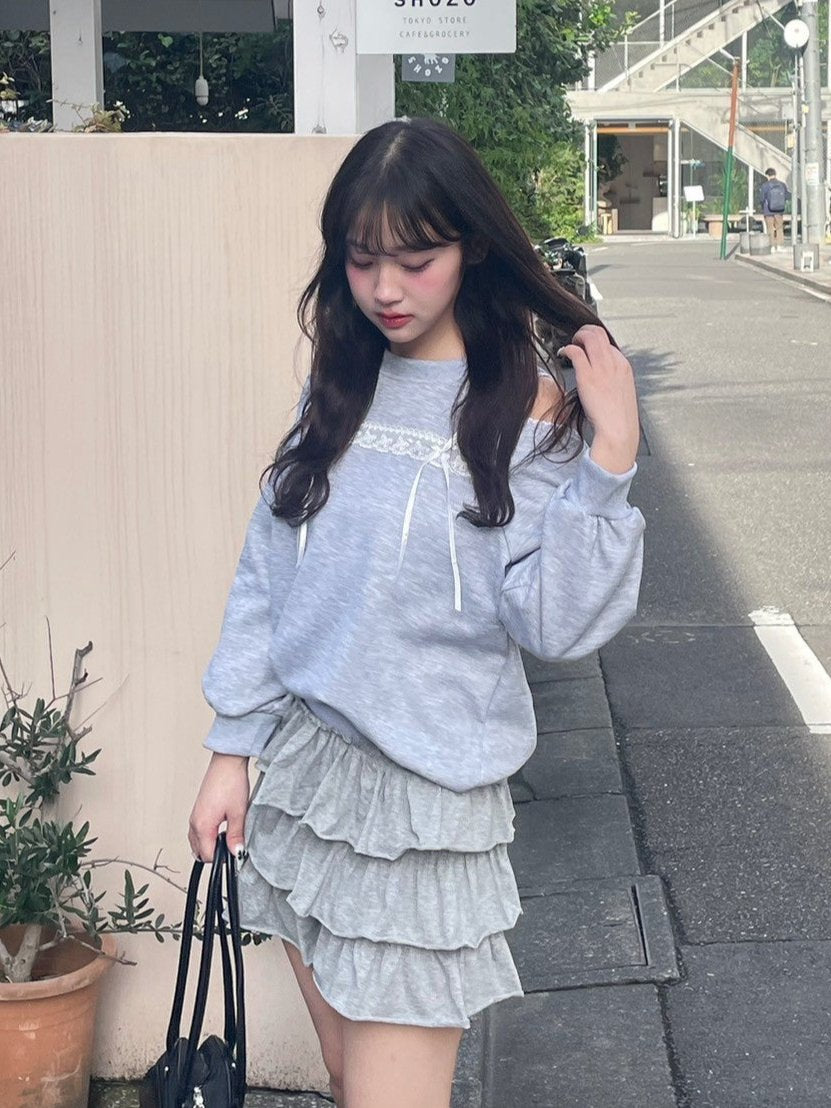 <QU2244203> レースリボンオープンジョルダースウェット