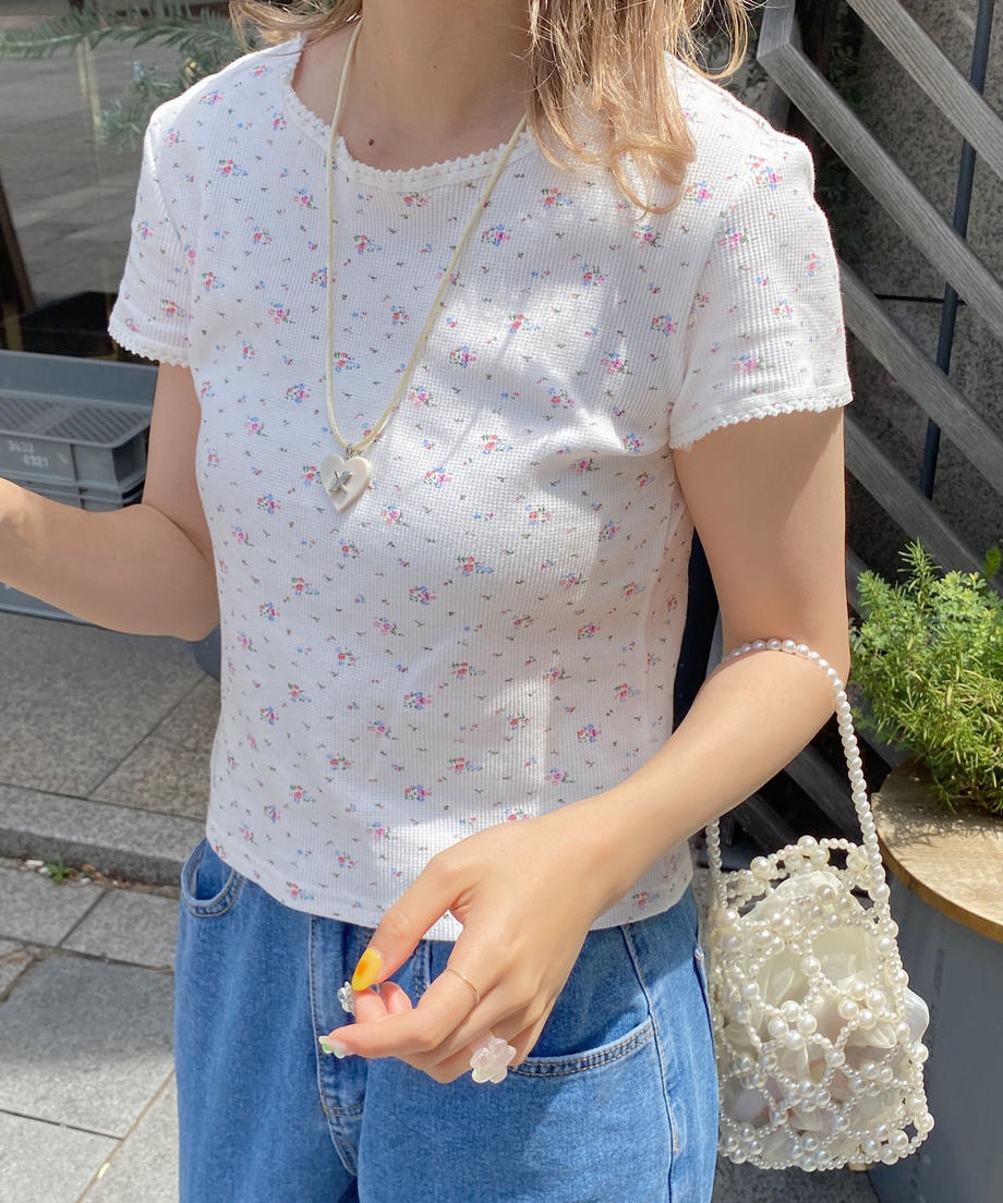 <SL2232749> レトロフラワーワッフルフリルレースTシャツ