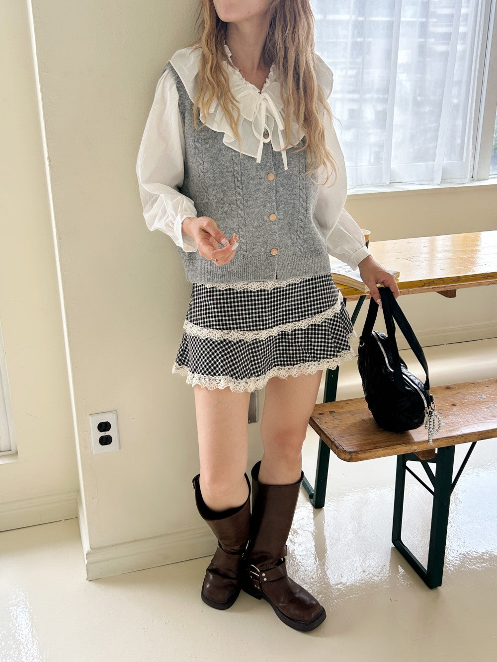 ＜SL2243633＞　check lace mini skirt