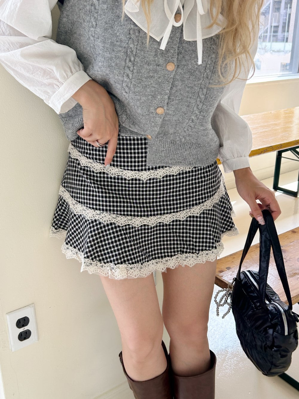 ＜SL2243633＞　check lace mini skirt