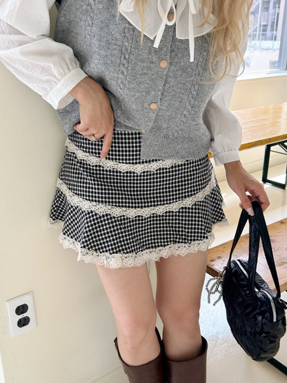 ＜SL2243633＞　check lace mini skirt