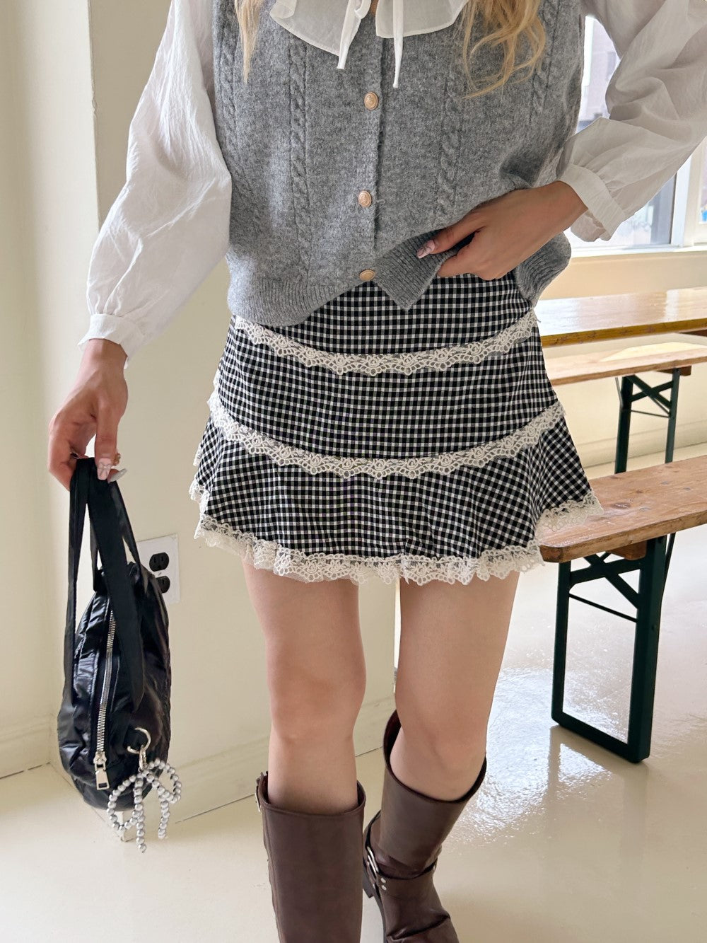 ＜SL2243633＞　check lace mini skirt