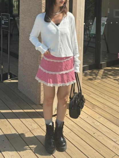＜SL2243633＞　check lace mini skirt