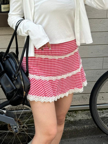＜SL2243633＞　check lace mini skirt