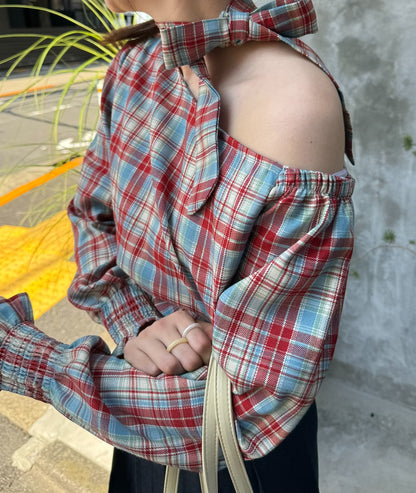 ＜SL2243655＞　ワンショルダーチェックトップス