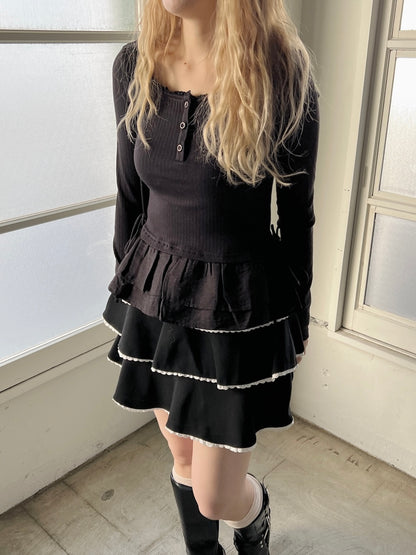 ＜SL2244666＞　ヘンリーネック切り替えフリルチュニック