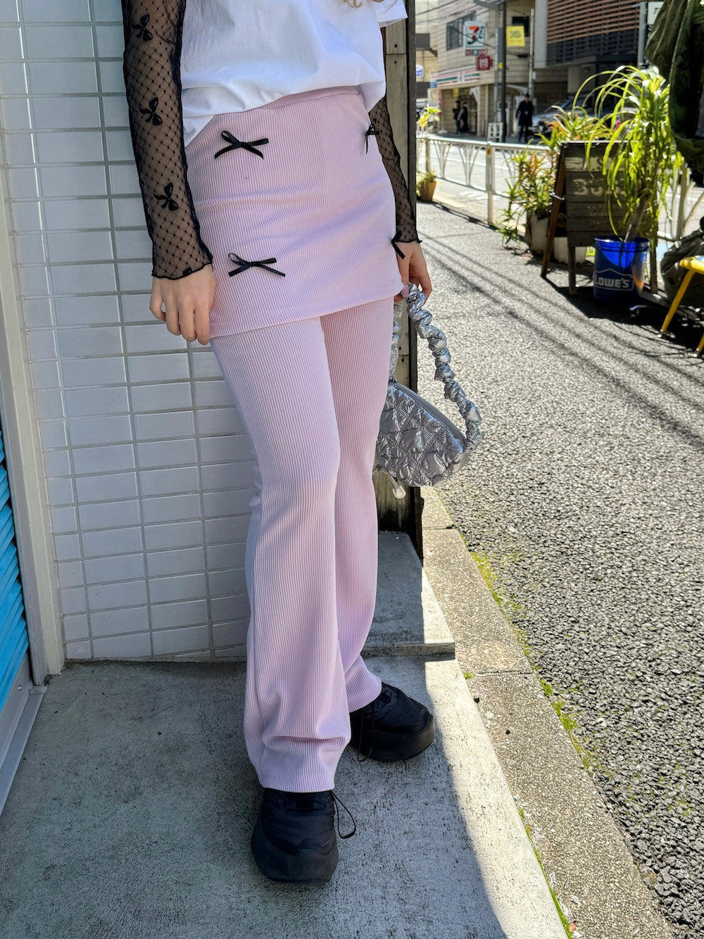 ＜SL2241632＞　リボンポイントレイヤードスカートパンツ