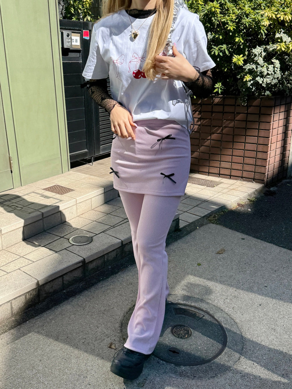 ＜SL2241632＞　リボンポイントレイヤードスカートパンツ