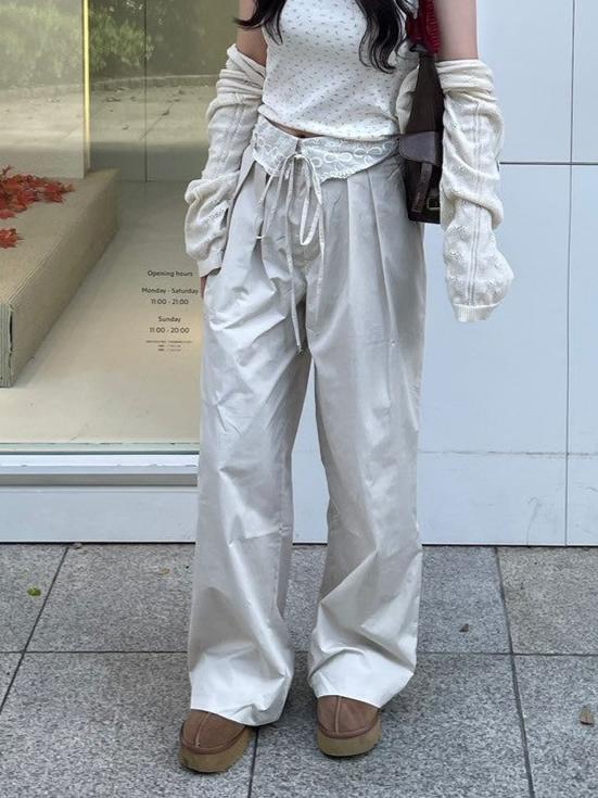 ＜QU2243203＞　ウエストリボンデザインワイドパンツ
