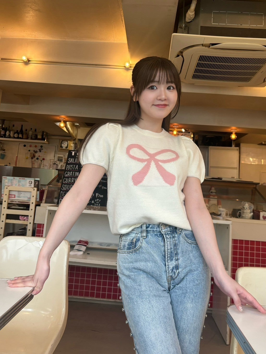 ＜RN2242001＞　リボンパフスリーブニット