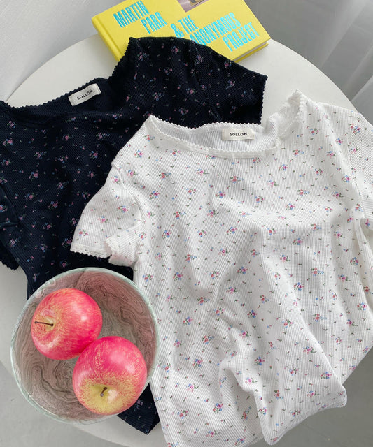 ＜SL2232749＞　レトロフラワーワッフルフリルレースTシャツ
