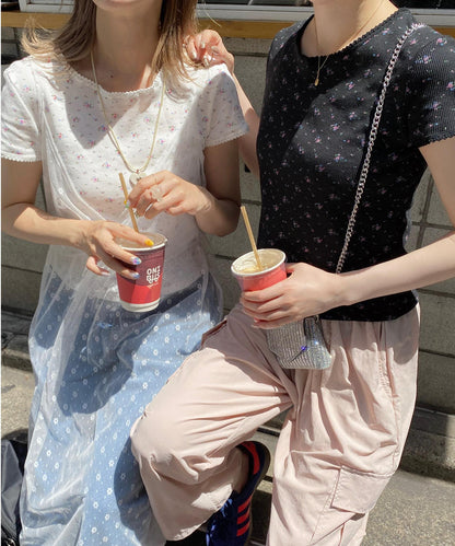 ＜SL2232749＞　レトロフラワーワッフルフリルレースTシャツ