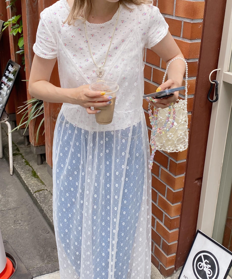 ＜SL2232749＞　レトロフラワーワッフルフリルレースTシャツ