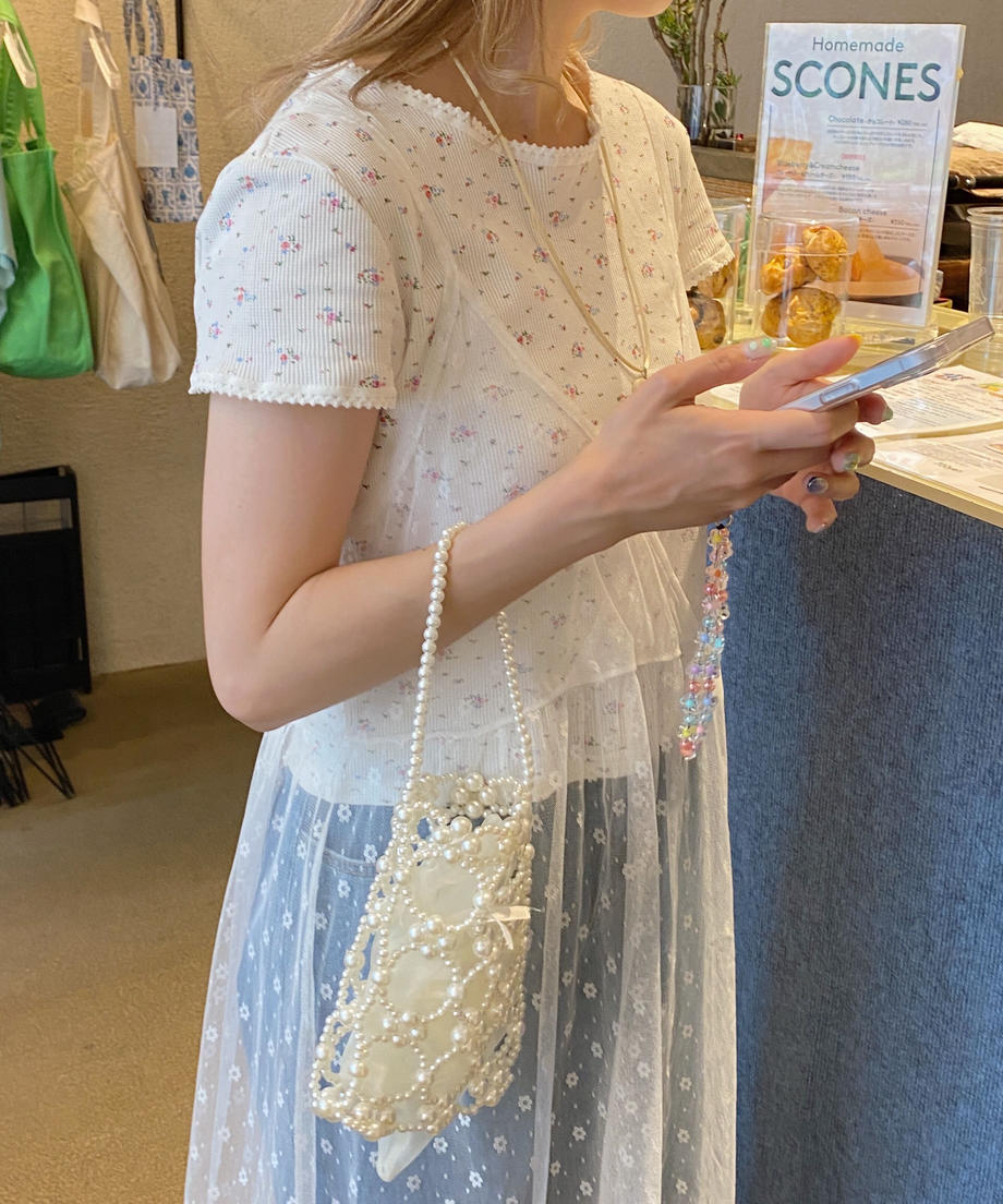 ＜SL2232749＞　レトロフラワーワッフルフリルレースTシャツ