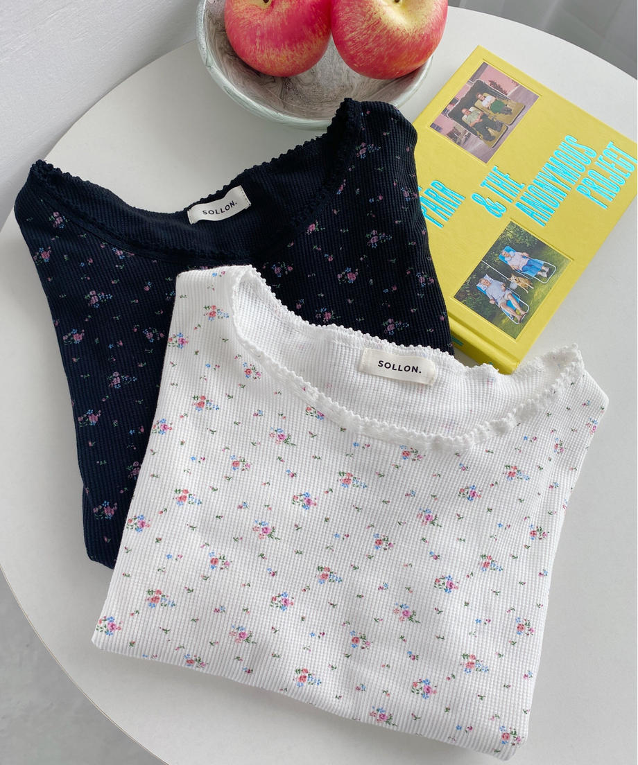 ＜SL2232749＞　レトロフラワーワッフルフリルレースTシャツ