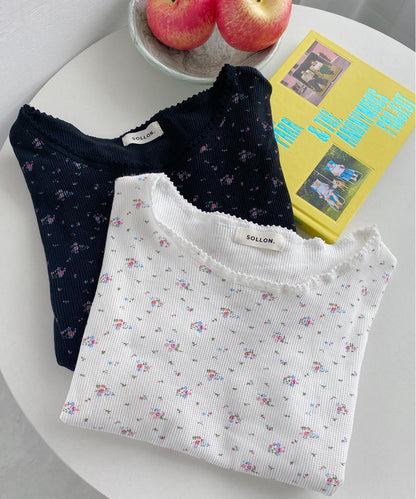 ＜SL2232749＞　レトロフラワーワッフルフリルレースTシャツ