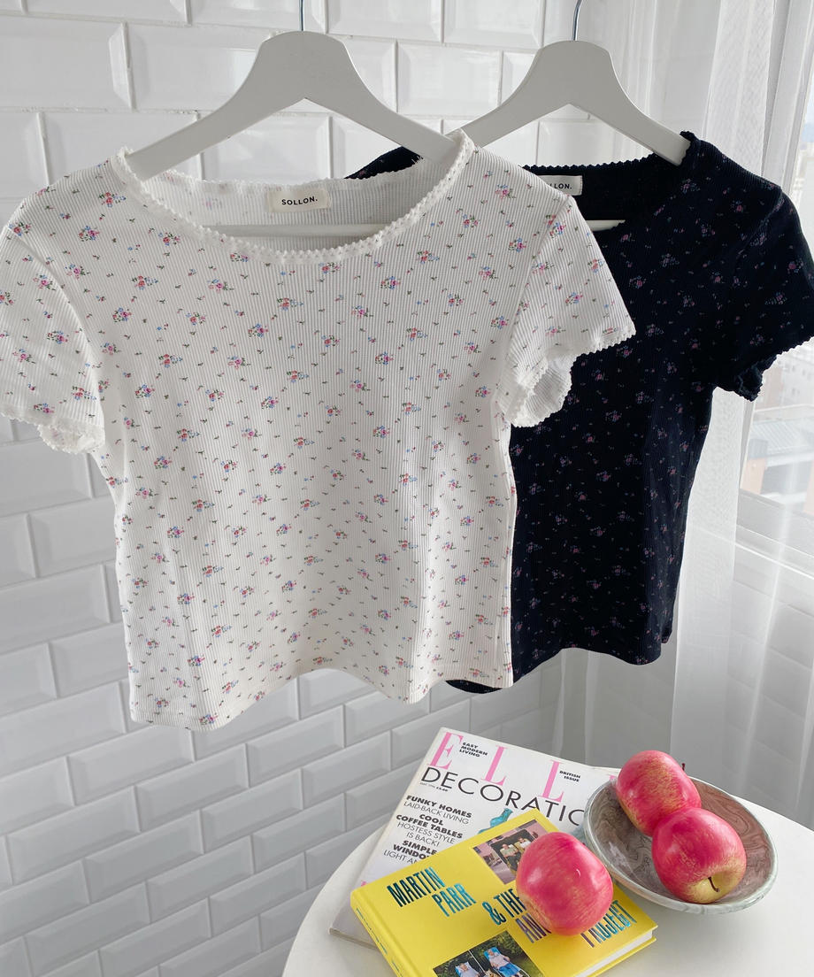 ＜SL2232749＞　レトロフラワーワッフルフリルレースTシャツ