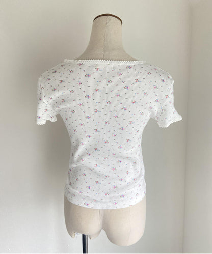 ＜SL2232749＞　レトロフラワーワッフルフリルレースTシャツ